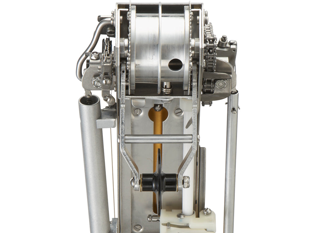 Close-up of TapeTech 03TT Mini EasyClean Automatic Taper head with stainless steel cutting blade and black creaser wheel, back view
