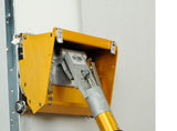 Close-up of a TapeTech MAXXBOX Extra High Capacity Flat Box attached to a box handle applying mud to metal corner bead