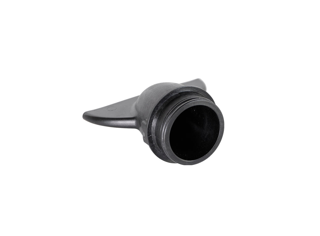 Black TapeTech CTA01TT Compound Tube Filler Adapter with a flat opening and threaded end for a compound tube, bottom view