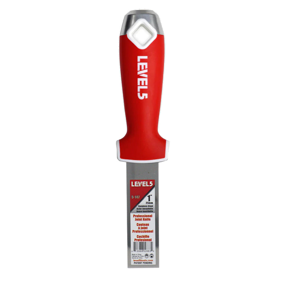 1-inch Level 5 Stainless Steel Joint Knife with steel blade, red soft-grip handle, metal hammer end, and hang hole