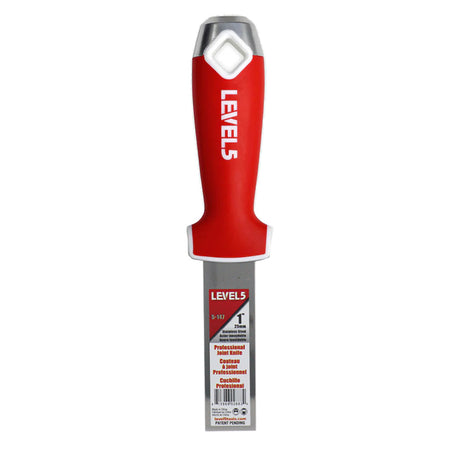 1-inch Level 5 Stainless Steel Joint Knife with steel blade, red soft-grip handle, metal hammer end, and hang hole