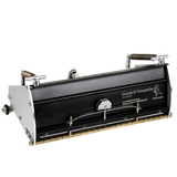 12-inch Columbia Automatic Fat Boy Finishing Box made from billet aluminum with a black painted finish, steel components, a brass blade holder, and wheels