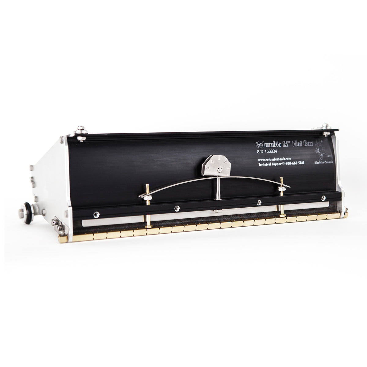 12-inch Columbia Flat Finishing Box made from billet aluminum with a black painted finish, steel components, a brass blade holder, and wheels