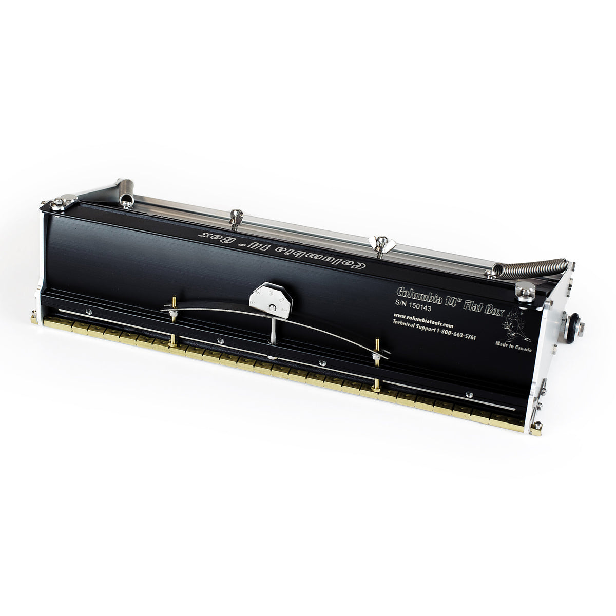14-inch Columbia Flat Finishing Box made from billet aluminum with a black painted finish, steel components, a brass blade holder, and wheels