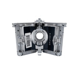 2.5-inch Columbia Angle Head in anodized gunmetal grey, made from solid billet aluminum with stainless steel wings and a black painted body, back view