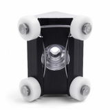 Columbia Two Way Internal Corner Applicator made from solid aluminum billet with black finishing details and 4 white Delrin wheels, back view