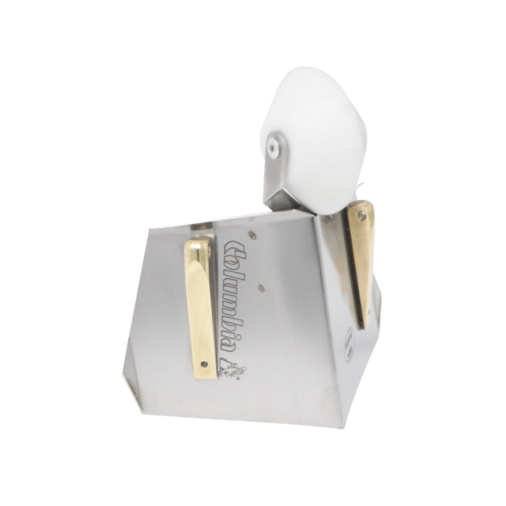 2.5-inch Columbia Combo Flusher made from aluminum with steel components and a white plastic wheel, quarter view