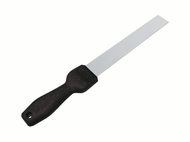 Long rectangular stainless steel hand tool with back plastic handle
