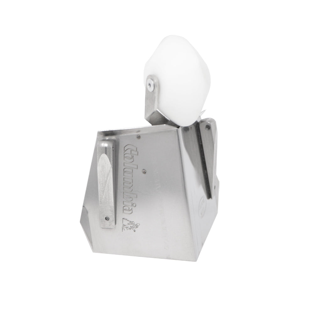 3-inch Columbia Combo Flusher made from aluminum with steel components and a white plastic wheel, quarter view
