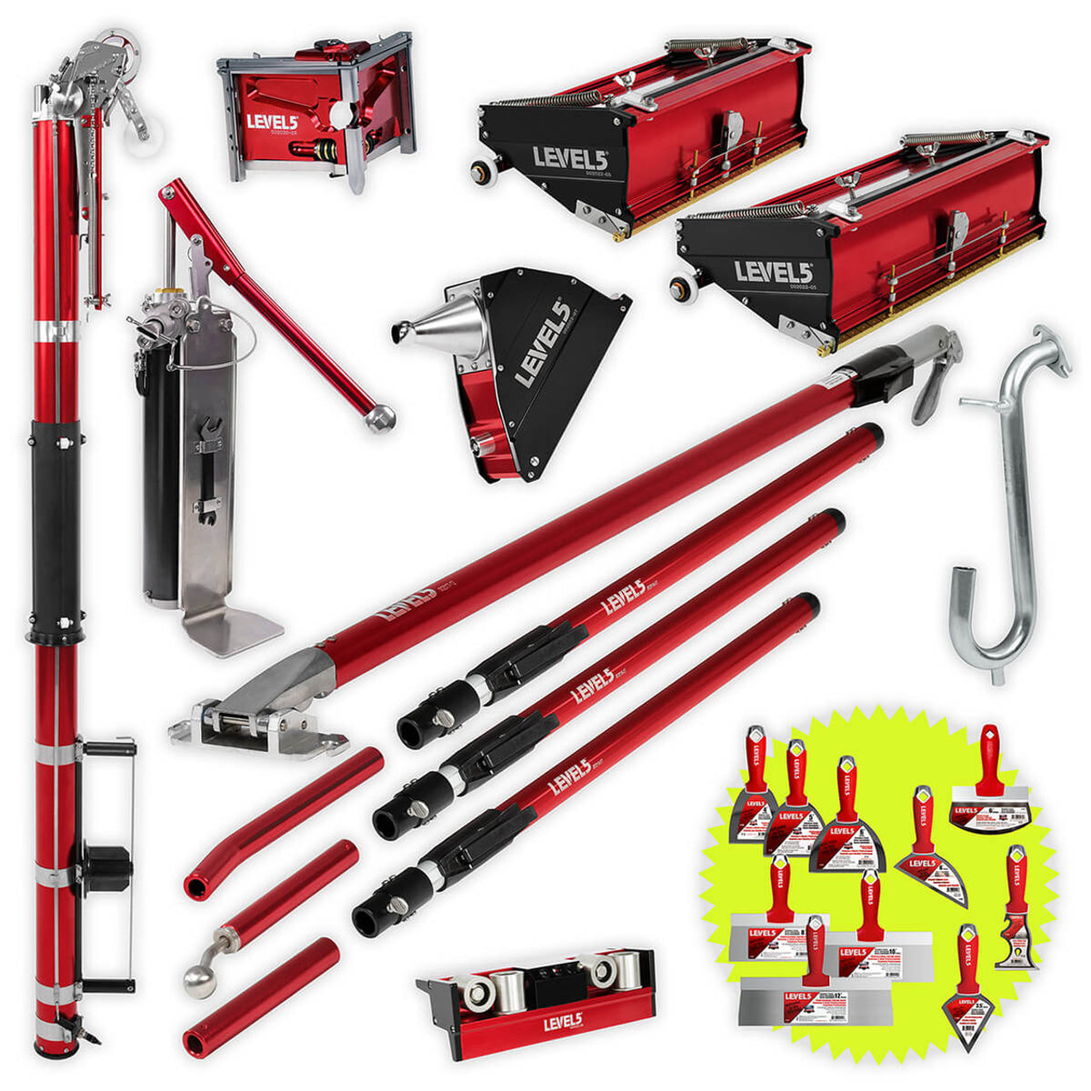 Level 5 automatic taping set including auto taper, handles, flat boxes, head attachments, mud pump, gooseneck, and bonus hand tools