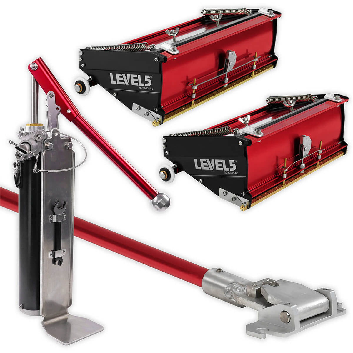 Level 5 automatic taping set including fixed flat box handle, 10-inch and 12-inch flat boxes, and mud pump