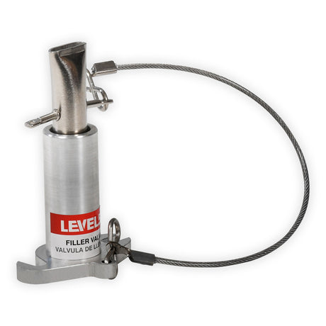 Level 5 Filler made from aluminum with an extruded stainless steel filler nozzle and steel cable, standing upright