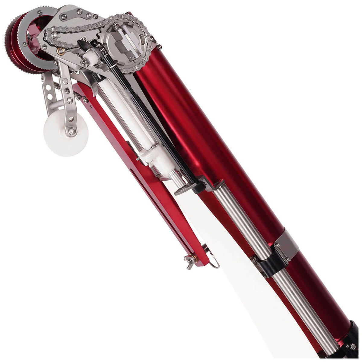 Close-up of Level 5 Automatic Taper head with a red and black billet aluminum body, steel components, and white creaser wheel, bottom view