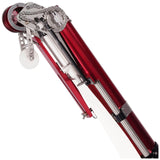 Close-up of Level 5 Automatic Taper head with a red and black billet aluminum body, steel components, and white creaser wheel, bottom view