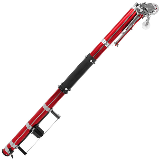 Level 5 Automatic Taper with a red and black billet aluminum body, steel components, white creaser wheel, and black tape roll assembly, right side