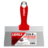 8-inch Level 5 Stainless Steel Taping Knife with steel blade, red soft-grip handle, metal hammer end, and hang hole