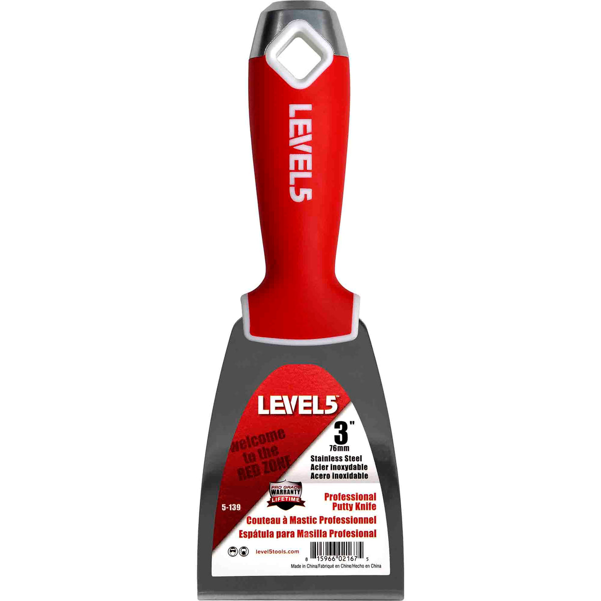 3-inch Level 5 Stainless Steel Taping Knife with steel blade, red soft-grip handle, metal hammer end, and hang hole