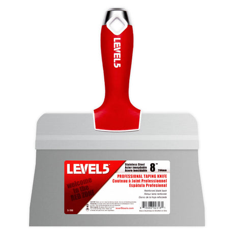 8-inch Level 5 Stainless Steel Big Back Taping Knife with steel blade, red soft-grip handle, metal hammer end, and hang hole