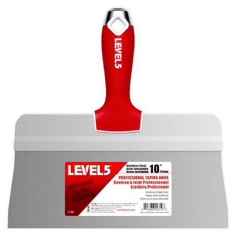 10-inch Level 5 Stainless Steel Big Back Taping Knife with steel blade, red soft-grip handle, metal hammer end, and hang hole