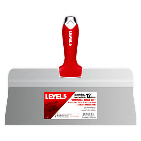 12-inch Level 5 Stainless Steel Big Back Taping Knife with steel blade, red soft-grip handle, metal hammer end, and hang hole