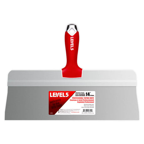 14-inch Level 5 Stainless Steel Big Back Taping Knife with steel blade, red soft-grip handle, metal hammer end, and hang hole
