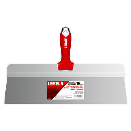 16-inch Level 5 Stainless Steel Big Back Taping Knife with steel blade, red soft-grip handle, metal hammer end, and hang hole
