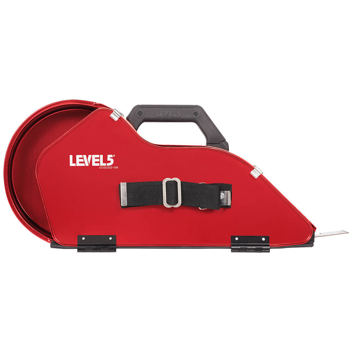 Level 5 Semi-Automatic Drywall Banjo with red aluminum body, black adjustable hand strap, latches, and soft-grip top handle
