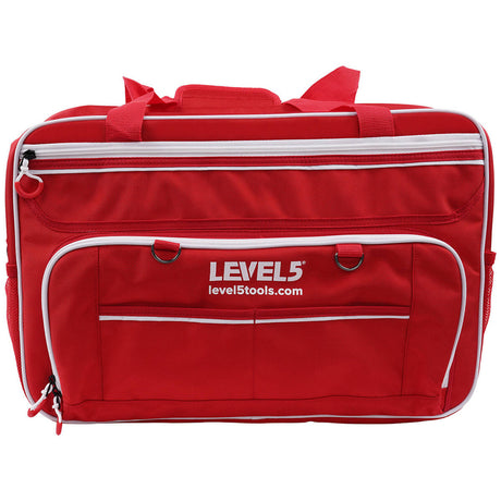 20-inch red Level 5 Duffel Tool Bag with zipper side pockets, mesh side pockets, and white zipper, front view