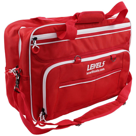 20-inch red Level 5 Duffel Tool Bag with zipper side pockets, mesh side pockets, shoulder strap, and white zipper, quarter view