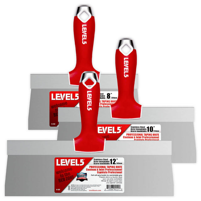 Level 5 hand tool set including 8-inch, 10-inch, and 12-inch taping knives with stainless steel blades and red-soft grip handles