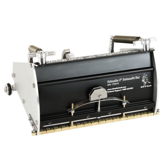 8-inch Columbia Automatic Fat Boy Finishing Box made from billet aluminum with a black painted finish, steel components, a brass blade holder, and wheels