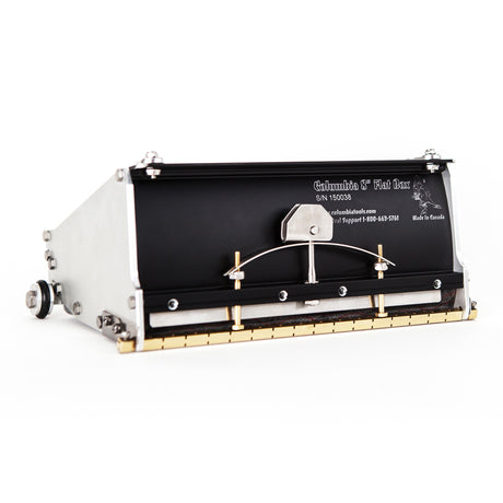 8-inch Columbia Flat Finishing Box made from billet aluminum with a black painted finish, steel components, a brass blade holder, and wheels