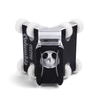 90-degree Columbia External Applicator made from billet aluminum with a black finish and 8 white plastic wheels, back view