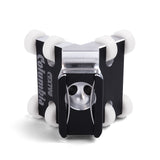 90-degree Columbia External Applicator made from billet aluminum with a black finish and 8 white plastic wheels, back view