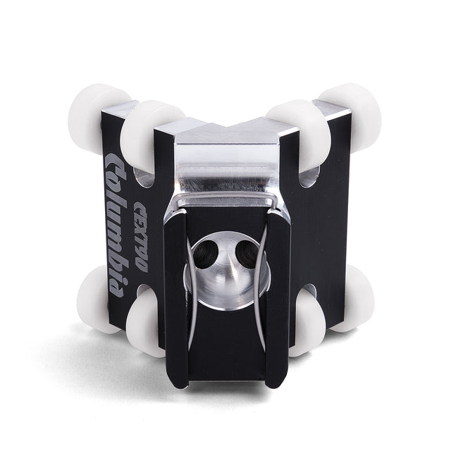 90-degree Columbia External Applicator made from billet aluminum with a black finish and 8 white plastic wheels, back view
