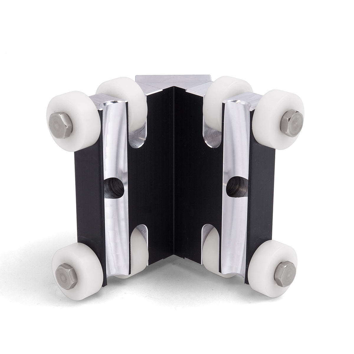 90-degree Columbia External Applicator made from billet aluminum with a black finish and 8 white plastic wheels, front view