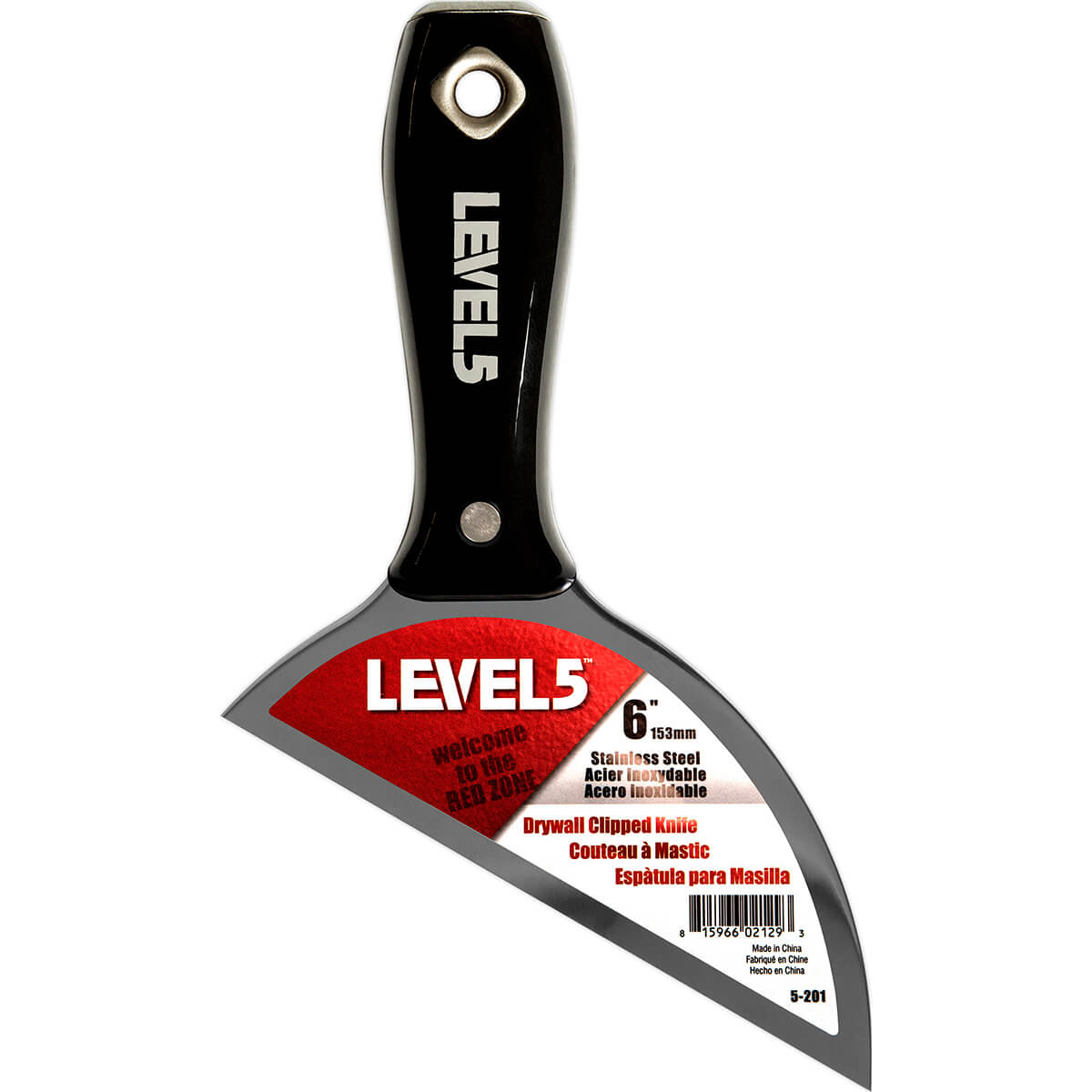 6-inch Level 5 Clipped Knife with a stainless steel blade, black plastic handle, metal hammer head, and hang hole