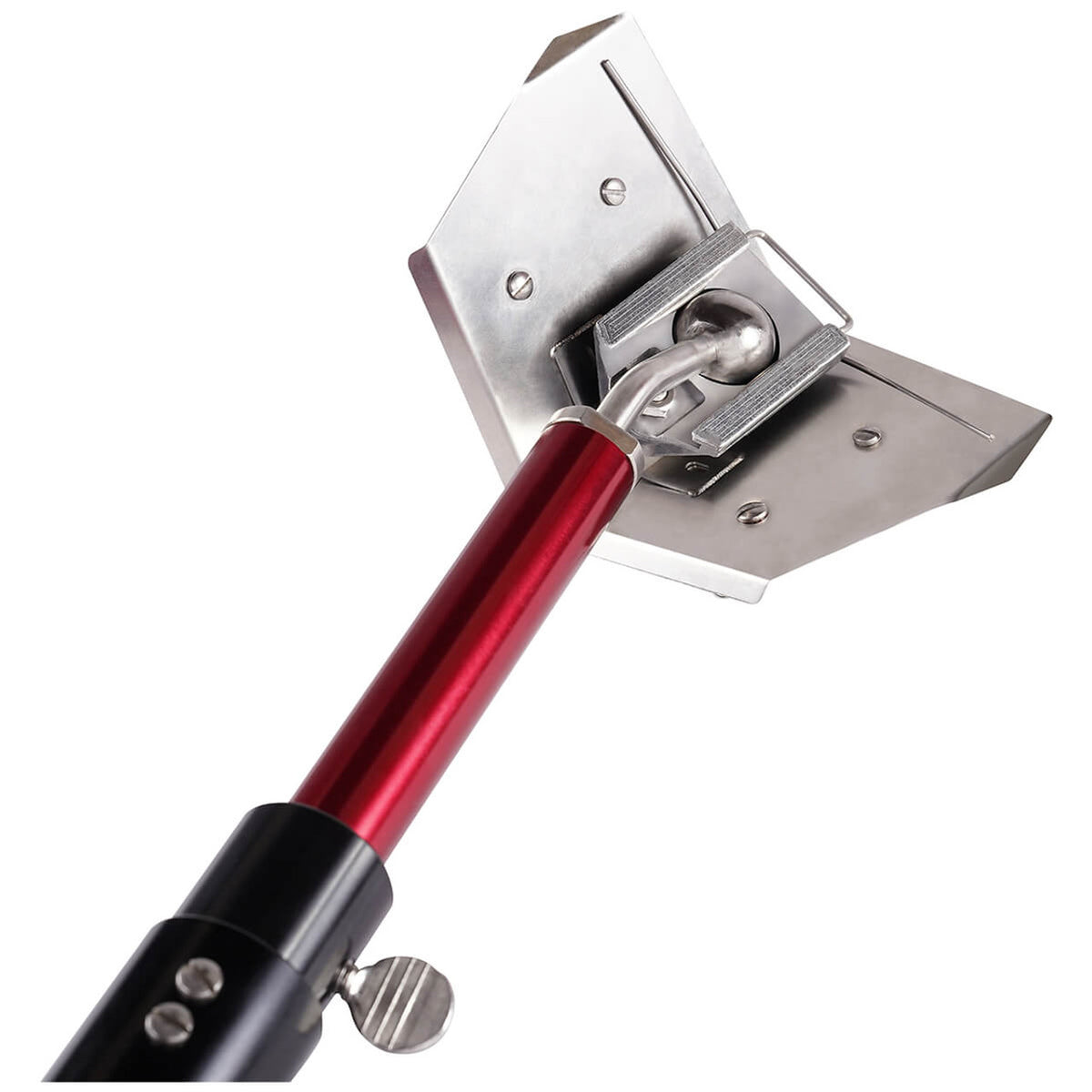 Back view of Level 5 Corner Flusher attached to a red Level 5 Extendable Accessory Handle with Corner Finisher Handle