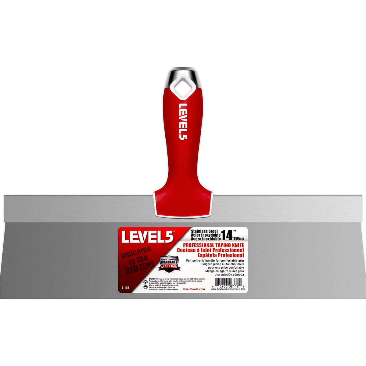 14-inch Level 5 Stainless Steel Taping Knife with steel blade, red soft-grip handle, metal hammer end, and hang hole