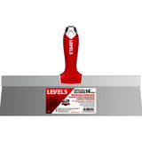 14-inch Level 5 Stainless Steel Taping Knife with steel blade, red soft-grip handle, metal hammer end, and hang hole