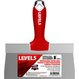 8-inch Level 5 Stainless Steel Taping Knife with steel blade, red soft-grip handle, metal hammer end, and hang hole