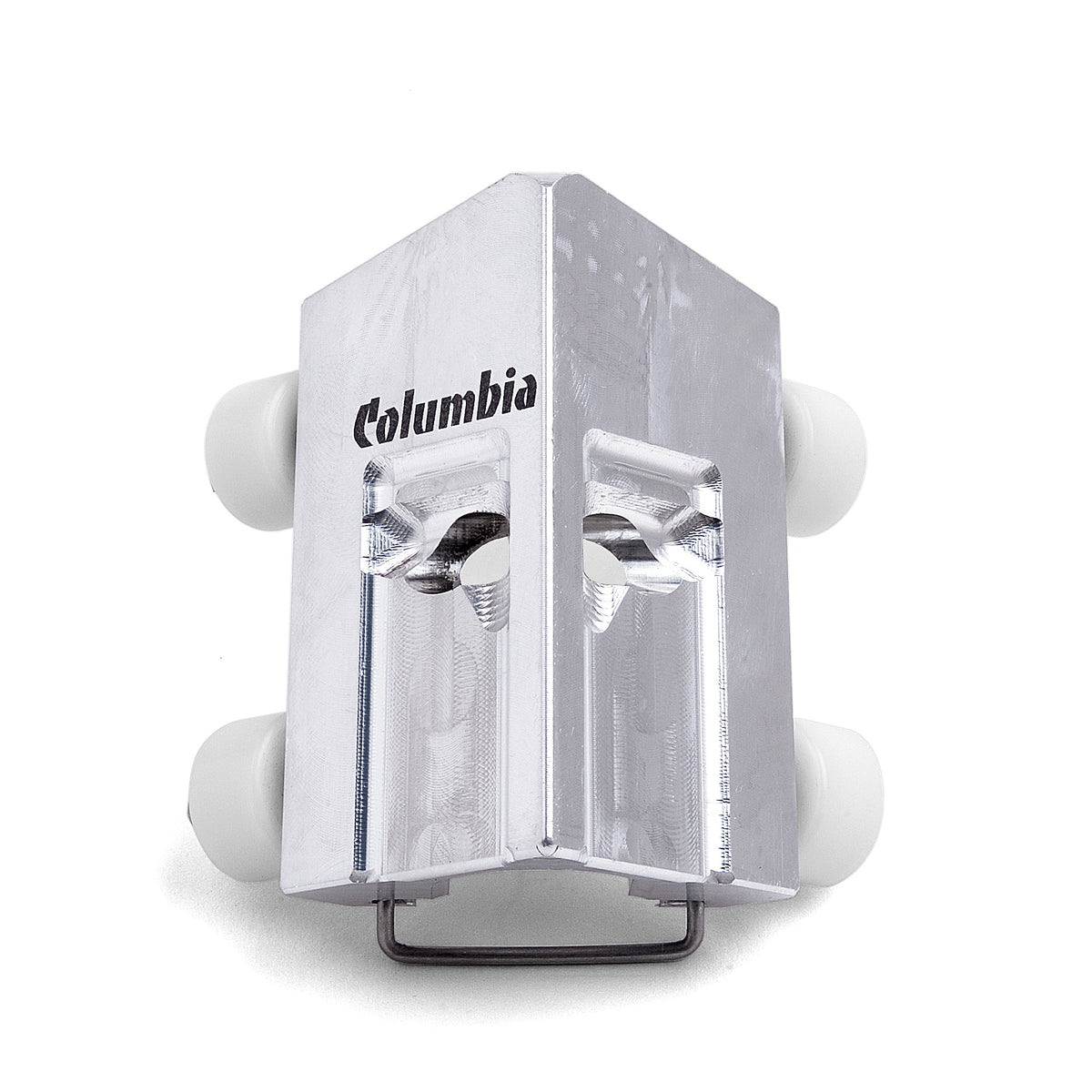 Columbia Interal 90-Degree Applicator with billet aluminum body, stainless steel skids, and 4 white plastic wheels, front view