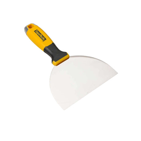 6-inch TapeTech Premium Stainless Steel Joint Knife with oversized yellow and black rubber handle and alloy hammer end