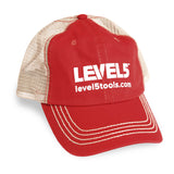 Level 5 baseball cap with beige mesh and a red front panel and brim