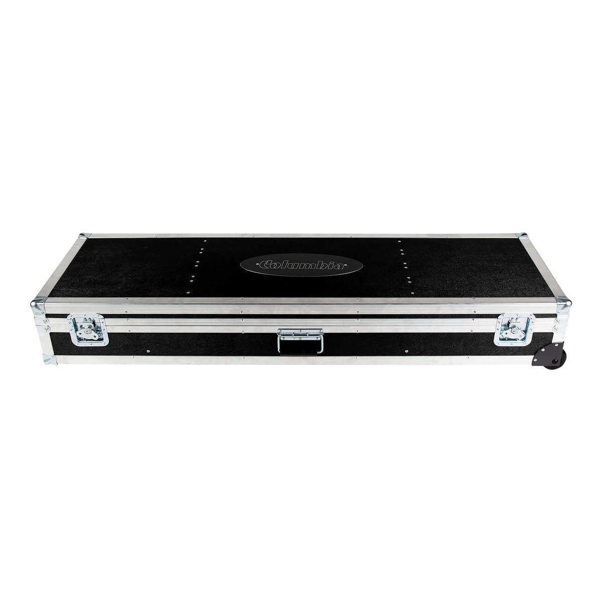 Top view of a closed Columbia Roadcase with a white Columbia logo on the lid, gunmetal grey trim and latches, and black rolling wheels