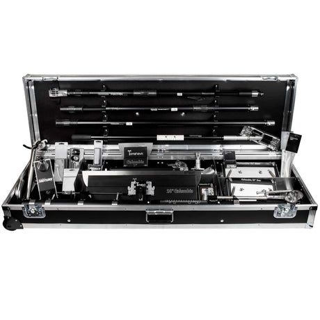 Front view of an open Columbia automatic taping tool case containing handles, skimming blades, automatic taping attachments, a mud pump, and an automatic taper