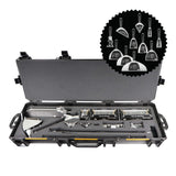 Open Pelican V800 Vault Black Tool Case with a grey foam interior filled with Columbia automatic taping tools and a bonus hand tool set