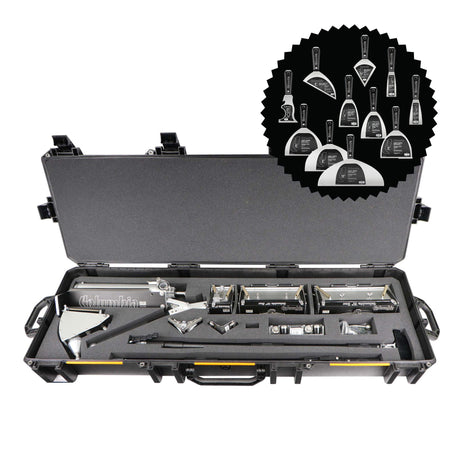 Open Pelican V800 Vault Black Tool Case with a grey foam interior filled with Columbia automatic taping tools and a bonus hand tool set