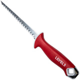 6-inch Level 5 Drywall Jab Saw with carbon steel teeth, red soft-grip handle, finger protection, and a metal hammer head