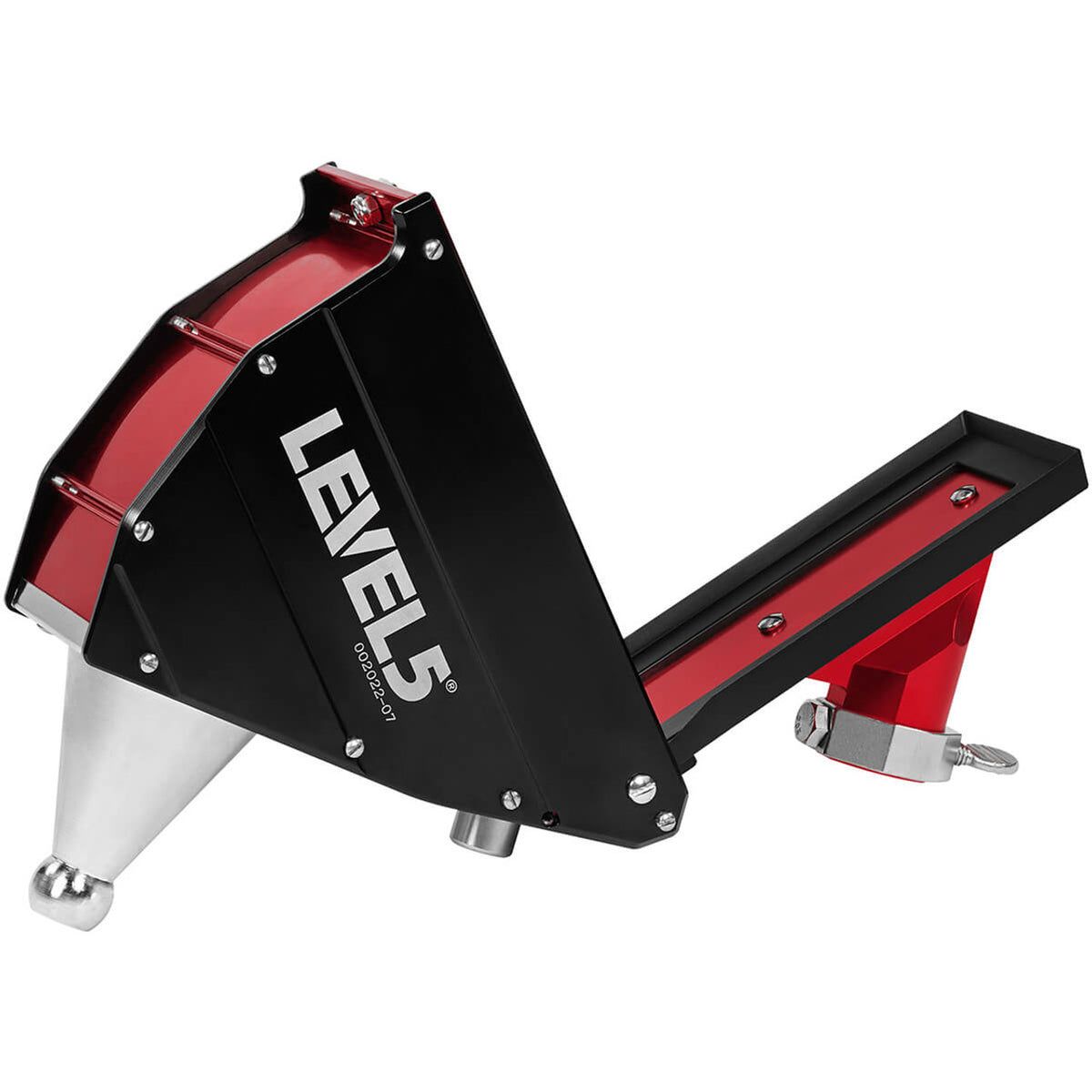 Open 7-inch Level 5 Flat Box with red aluminum housing, black side panels, brass blade holder, and white rubber wheels